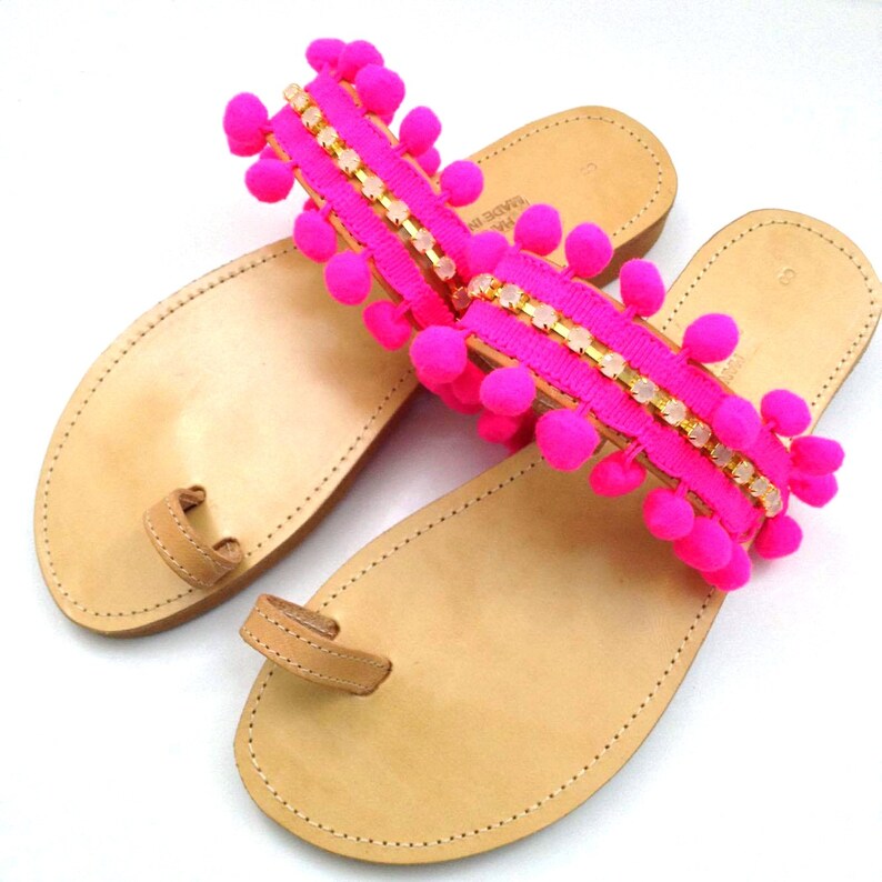 Pon pon and rhinestones sandals Bohemian pon pon sandals Summer shoes Boho sandals Pom pom sandals Greek sandals Womens sandals