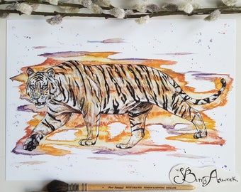 Watercolour tiger print, Bengal tiger, Siberian tiger art, big cat lover, jungle print, big cat gifts, endangered species, striped decor