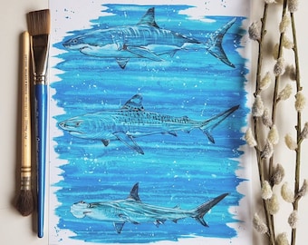 Aquarelle d’art de requin, espèces de requins, décor nautique, affiche de pépinière de requins, semaine des requins, cadeaux de requins, créatures marines, impressions de vie marine