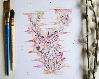 Watercolour Stag print, stag wall art, woodland animals, woodland animal prints, Scottish stag, deer, British wildlife, Autumn theme decor