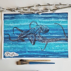 watercolour octopus painting, octopus wall art, octopus print, cephalopod, nautical decor, marine life, scuba diving gift, marine biology