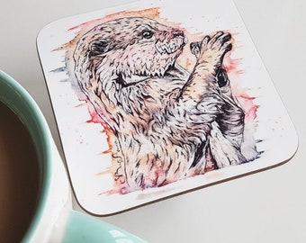 Watercolour otter coaster, drink coasters, tea coffee lovers, wooden coasters, otter gifts, cute animal coaster, coaster gift set