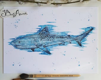 tiger Shark print, shark art, shark lover gifts, sealife, sea creatures, underwater animals, boys bedroom, nautical decor, deep sea diving