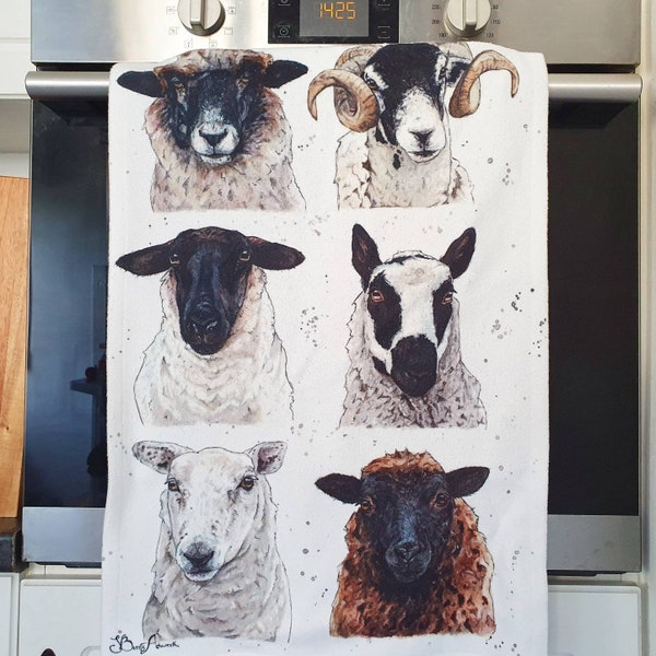 British sheep tea towel, ewe dishcloth, sheep lover gift, farmer gifts, country kitchen, farmhouse decor, woolly sheep, swaledale, Suffolk