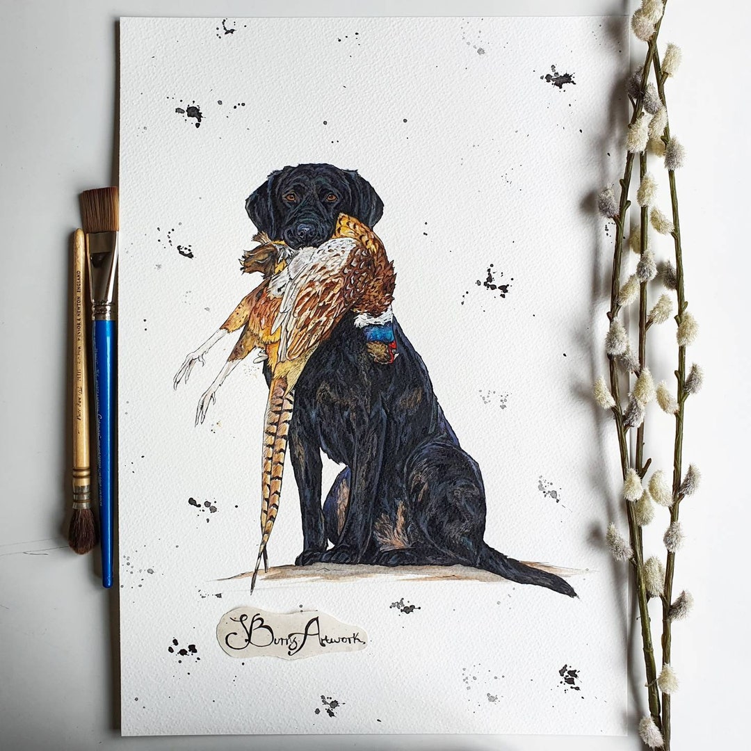 ORIGINAL Bird Dog Painting, Working Gundog, Black Labrador, Pheasant Art, Dog Lover, Pet