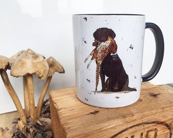 Black labrador coffee mug, gundog print, gamekeeper gifts, farmer gift, black lab lover, dog lover gifts, pet portrait, 11oz dog cup, hunt