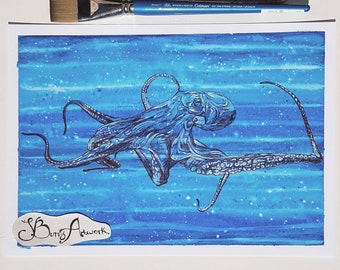 Octopus art print, nautical home decor, cephalopod, octopus lover gifts, tentacle art, blue bathroom decor, watercolor sea life art, nursery