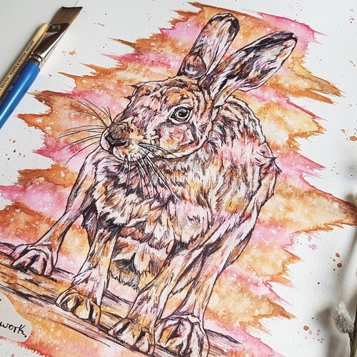 Watercolour hare painting, watercolour shops farmhouse wall decor, rabbit wall art, woodland animals, hare gift print, country kitchen, wildlife