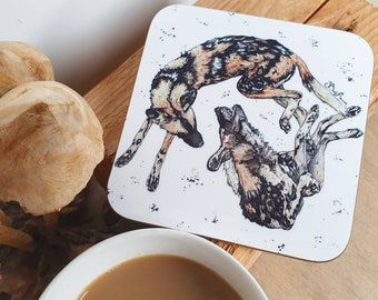 African wild dog coasters, set of 4 drink mats, dog lover gifts, painted dog print, african wildlife kitchenware, safari animals, hyena gift