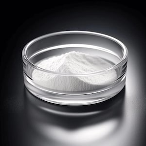 May include: A clear glass petri dish containing a mound of white powder. The dish is circular with a low profile, and the powder is finely textured. The background is a dark, reflective surface.