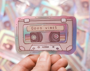 Good Vibes shiny glossy holographic vinyl waterproof sticker. Music Tape Cassette