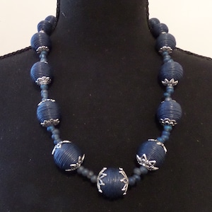 Marine blue thread wrapped    bead statement necklace