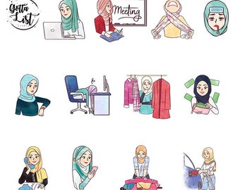 Hijabi Girl Boss Watercolor Digital Stickers (PNG & JPEG)