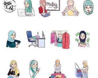 Work Related Girl Boss Digital Stickers Hijabi Girl Watercolor Stickers for Digital Planning