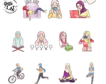 Well Being and Spiritual Digital Planner Stickers Hijabi Girl Watercolor Sticker for Digital Planning