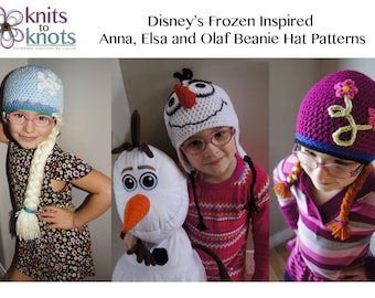 Crocheted Frozen Inspired Elsa, Anna and Olaf Beanie Hats (PATTERN ONLY) Sizes child thru to adult.
