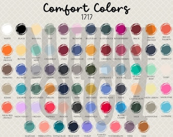 May include: A chart of 50 different color swatches, labeled with the names of each color. The chart is titled "Comfort Colors 1717".