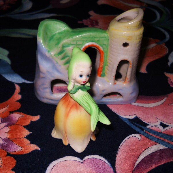 Vintage Bisque Mermaid Figurine And Vintage JAPAN Castle Aquarium / Fish Bowl Decorations