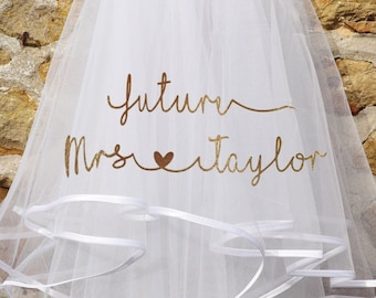 BEST SELLER Classy Personalised Veil | Future Mrs Personalised Glitter Print Heart Veil | Hen Party Hen Do | Bridal Party Veil