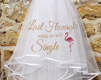Personalised Flamingle Hen Veil, bachelorette hen hen-do party, bride, glitter print last flamingle while I'm single