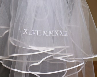 Embroidered Roman Numeral Personalised Veil | Hen Do Hand-embroidered Bachelorette Hen Party Bridal Veil
