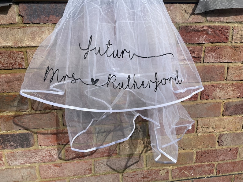 BEST SELLER Classy Personalised Veil Future Mrs Personalised Glitter Print Heart Veil Hen Party Hen Do Bridal Party Veil image 7