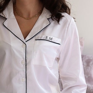 Elegant personalised Shirt and Trouser set Pyjamas with Mini initials to top of pocket for Hen Do bachelorette party