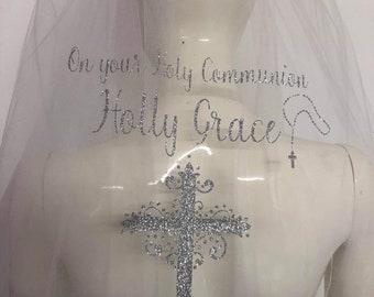 Stunning communion veil personalised princess glitter print New Design | Holy Communion gift | Cross Rosary Beads Veil |