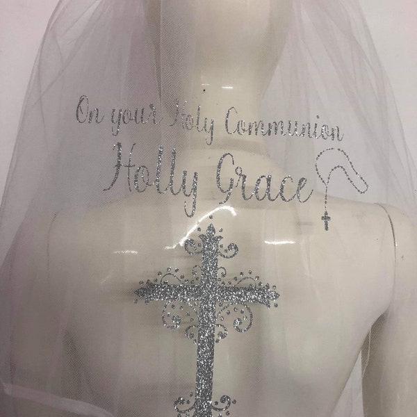 Stunning communion veil personalised princess glitter print New Design | Holy Communion gift | Cross Rosary Beads Veil |