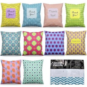 May include: A collection of colorful packaging bags with various patterns and the text "Thank You!" on some. Designs include geometric shapes, wavy lines, and floral motifs. The bags are in shades of yellow, blue, pink, and green.