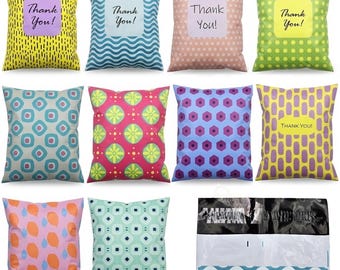 May include: A collection of colorful packaging bags with various patterns and the text "Thank You!" on some. Designs include geometric shapes, wavy lines, and floral motifs. The bags are in shades of yellow, blue, pink, and green.