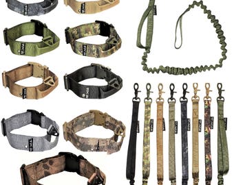 SET of Tactical Dog COLLAR + LEASH with Handle Military Strong Heavy Duty Width 1.5&quot; Medium Large Plastic Buckle Black Camouflage