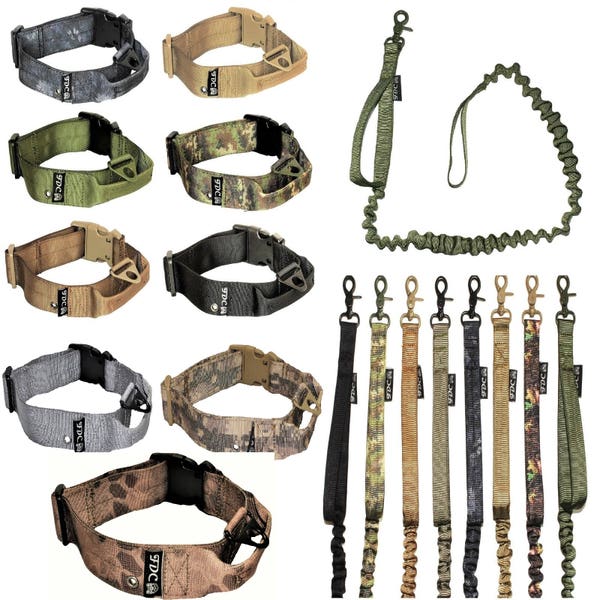 SET of Tactical Dog COLLAR + LEASH with Handle Military Strong Heavy Duty Width 1.5" Medium Large Plastic Buckle Black Camouflage