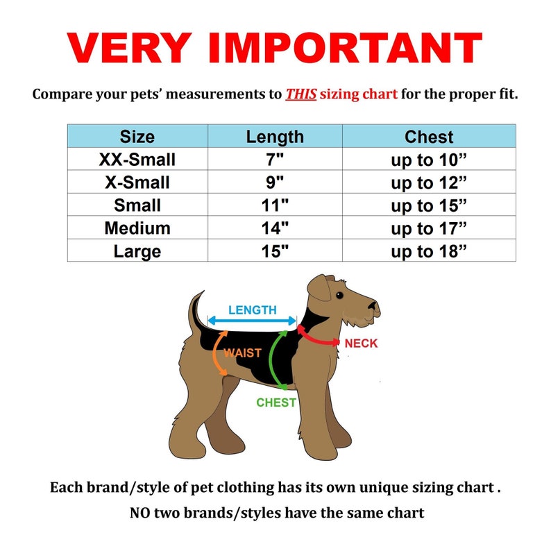 May include: A sizing chart for pet clothing with a dog illustration. The chart shows sizes from XX-Small to Large with corresponding length and chest measurements in inches. The dog illustration shows where to measure length, chest, and neck.