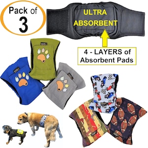 PACK of 3 Male Dog Diapers 4 - Layers of Absorbent Pads Waterproof LEAK PROOF Belly Band Wrap Washable for Small and Large Pet