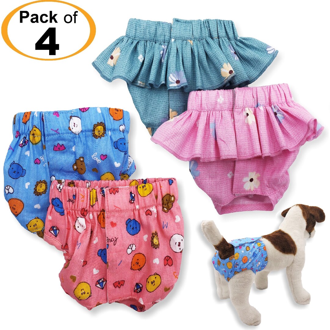 PACK of 4 Dog Female Diapers COTTON Sanitary Pants Panties and Skirt