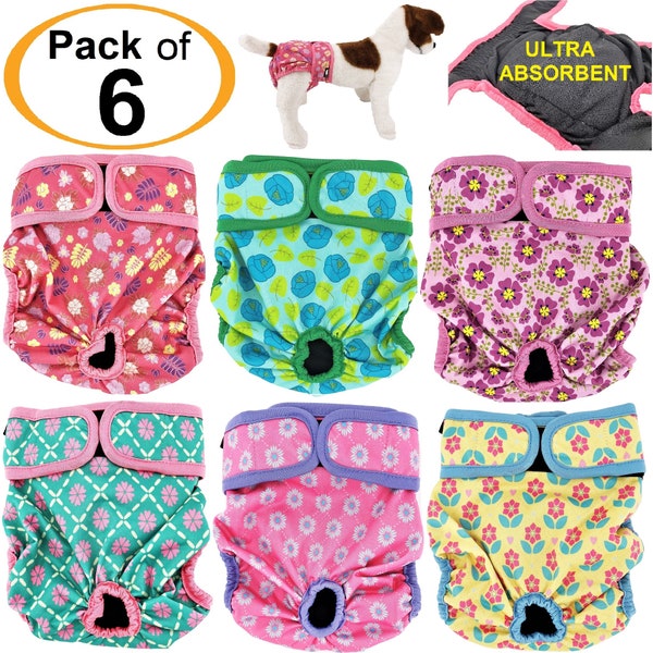 PACK of 6 Female Dog Diapers with 4 - LAYERS of Absorbent Pads WATERPROOF Leak Proof Washable for Small and Large Pet