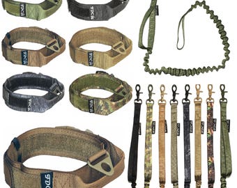 May include: A set of nine dog collars and leashes in various camouflage patterns. The collars are made of durable nylon and have a metal buckle. The leashes are made of a strong, flexible material and have a spring-loaded clip. The leashes are available in a variety of lengths.
