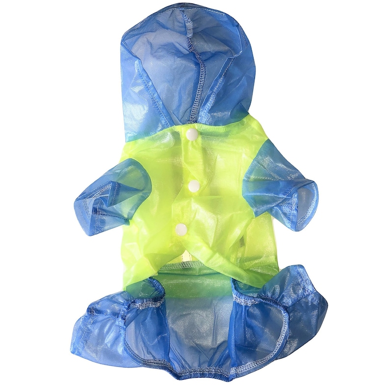 May include: A bright yellow and blue dog raincoat with a hood. The raincoat is made of a lightweight, transparent material.