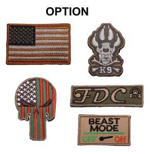 May include: Five embroidered patches with different designs. The patches are all in a military style. The first patch is an American flag with brown and white stripes. The second patch is a skull with a paw print and the text "K9". The third patch is a skull with an American flag design. The fourth patch is a green patch with the text "FDC". The fifth patch is a tan patch with the text "BEAST MODE" and a toggle switch with the text "OFF" and "ON".
