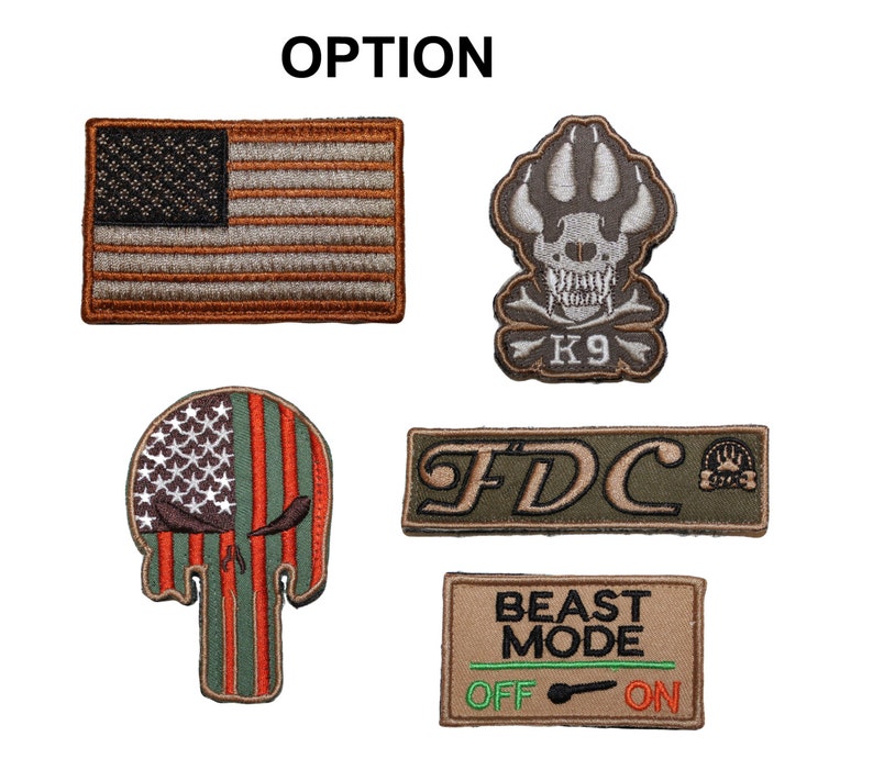 May include: Five embroidered patches with different designs. The patches are all in a military style. The first patch is an American flag with brown and white stripes. The second patch is a skull with a paw print and the text "K9". The third patch is a skull with an American flag design. The fourth patch is a green patch with the text "FDC". The fifth patch is a tan patch with the text "BEAST MODE" and a toggle switch with the text "OFF" and "ON".