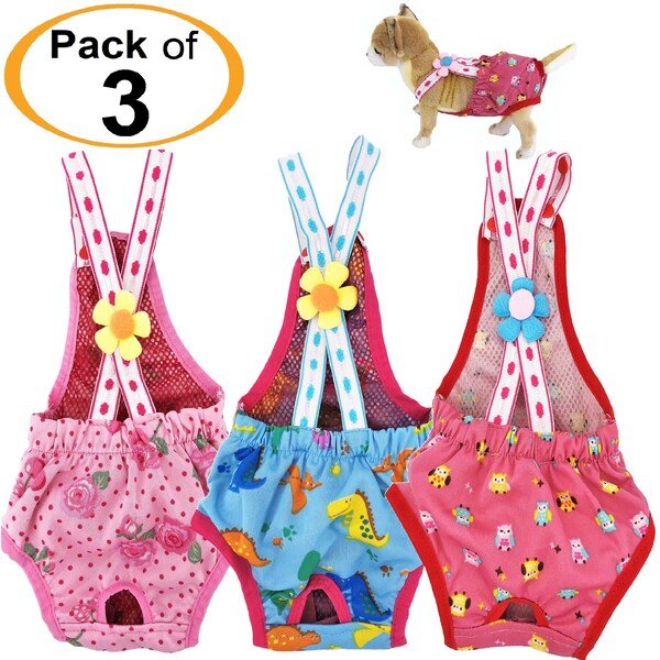 SET of 3 COLORS Diapers Sanitary Pants Stay On Female Suspenders For SMALL Dog (Pink/Blue/Hot Pink)