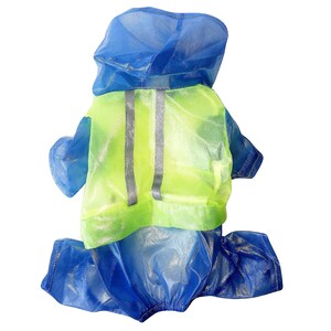 May include: A blue and green dog raincoat with a hood. The raincoat has reflective strips on the back.