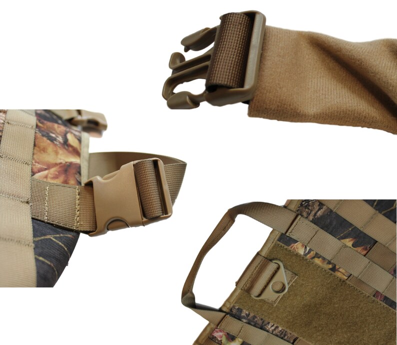May include: A camouflage dog harness with adjustable straps and a buckle closure. The harness has a brown padded chest piece and a handle on the top.