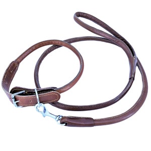 Genuine Leather 1/2&quot; Width Round Circle Rolled Dog Collar with Leash 4ft Training for Medium and Large Pet