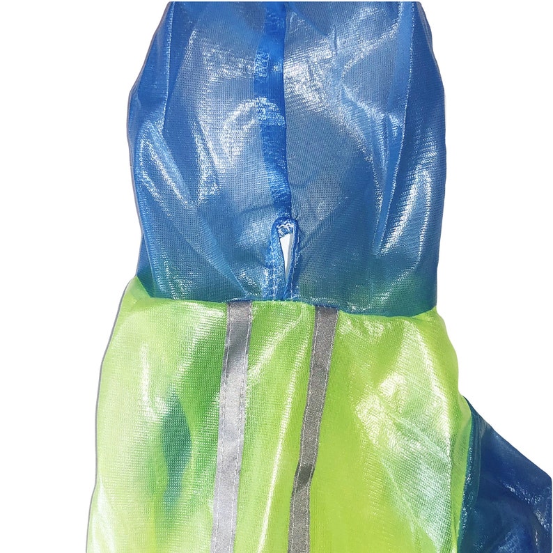 May include: A blue and green hooded raincoat with reflective strips. The raincoat is made of a sheer, iridescent material.