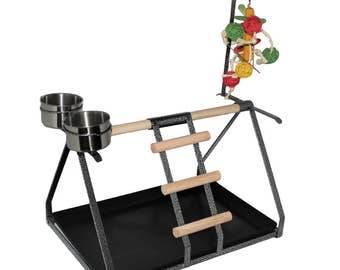 Tabletop Parrot Play Stand: Metal Frame, Wood Perch, Steel Cups