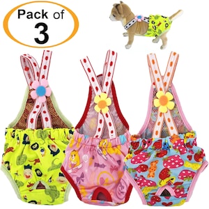 SET of 3 COLORS Diapers Sanitary Pants Stay On Female Suspenders For SMALL Dog (Pink/Green/Blue)