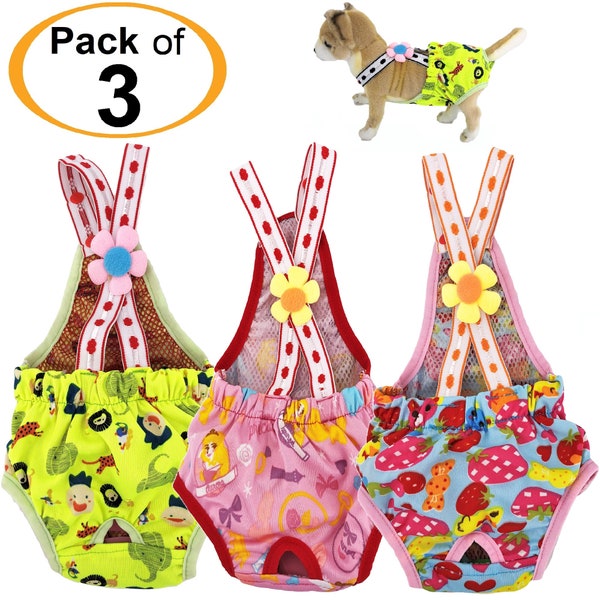 Small Dog Non-Absorbent Diapers with Suspenders - Set of 3, Reusable Sanitary Pants