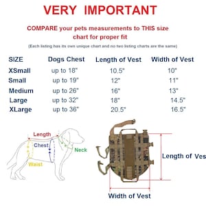 May include: A size chart for a dog vest, showing the measurements for the chest, length, and width of the vest in inches. The chart includes sizes from X-Small to X-Large. The image also shows a diagram of a dog wearing the vest, with the measurements labeled.